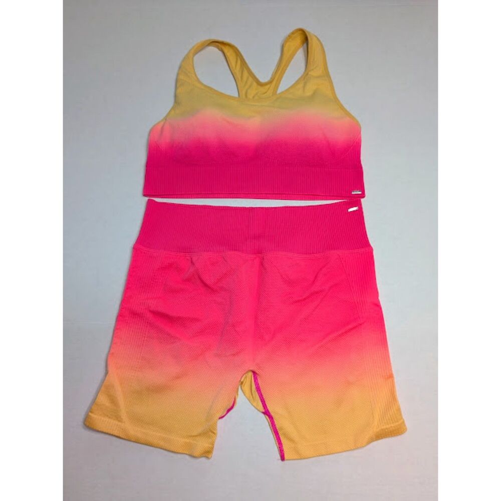 Victoria's Secret Pink Active XL Neon Princess x Peach Sports Bra & Bike Shorts - Picture 2 of 5